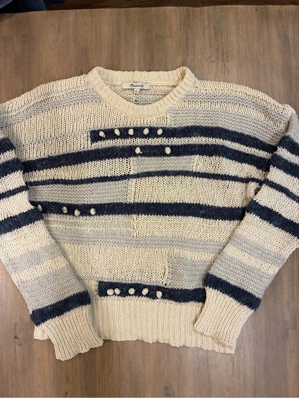 Madewell Cream and Navy Striped Crewneck Sweater with Pom Pom Detail